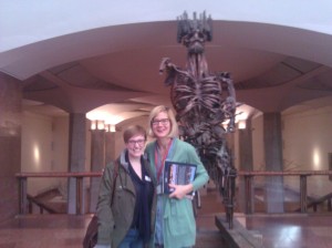 Me and my boss Fatima in the top floor of the Gallery in front of a statue of György Dózsa-- super creepy story you should look it up on wiki.