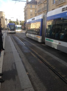 Tram arriving. It's really similar to Denver's Light Rail system. 