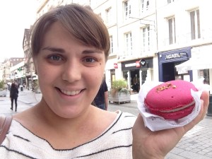 Me and the most delicious and beautiful macaron ever (raspberry and pistachio - framboise/pistache).