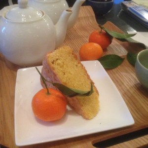 Orange saffron cake and Earl Grey tea from Memoranda, my favorite little bookshop/café in Caen.